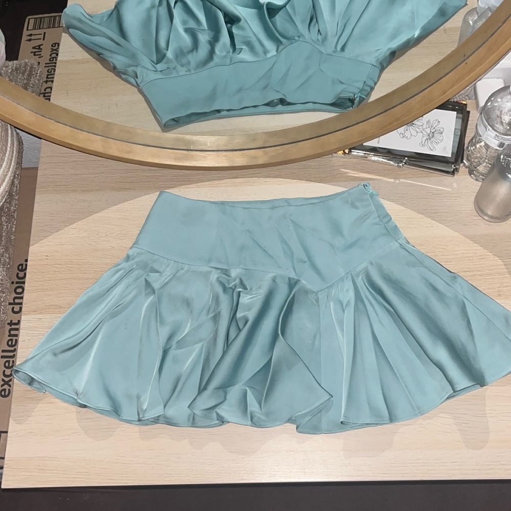Oh Polly Bias Cut Low Rise Satin Mini Skirt in Steel Blue